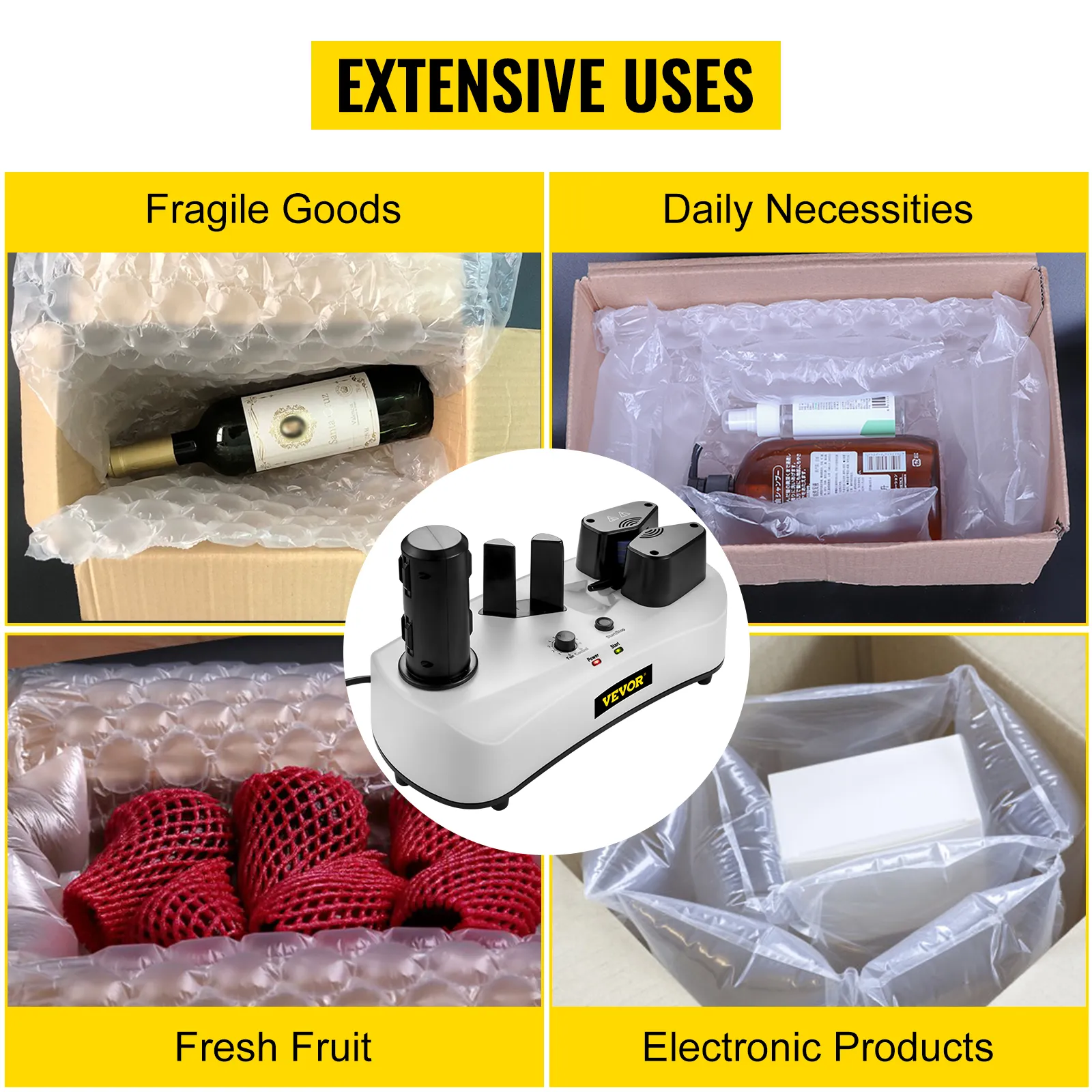 Máquina de colchón de aire VEVOR utilizada para embalar productos frágiles, artículos de primera necesidad, fruta fresca y productos electrónicos.