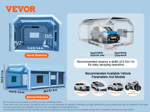 VEVOR inflatable paint booth with internal dimensions for various vehicle sizes and operating clearances.