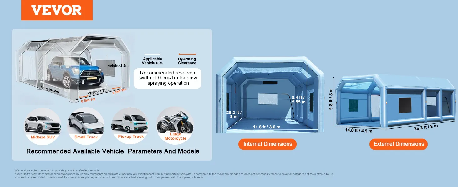 VEVOR inflatable paint booth with internal dimensions for various vehicle sizes and operating clearances.