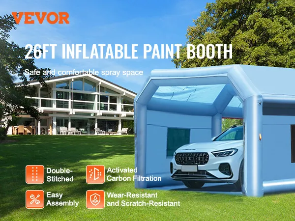 VEVOR inflatable paint booth with activated carbon filtration, easy assembly, and scratch-resistant material.