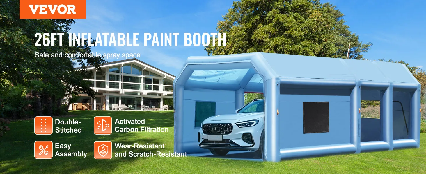 VEVOR inflatable paint booth with activated carbon filtration, easy assembly, and scratch-resistant material.
