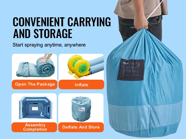 VEVOR inflatable paint booth: convenient carrying and storage, easy setup, and compact deflation.