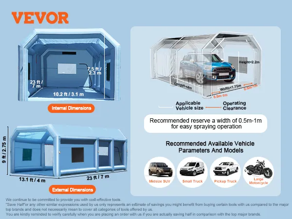 Opblaasbare VEVOR-spuitcabine met binnen- en buitenafmetingen, geschikt voor middelgrote SUV's en vrachtwagens.