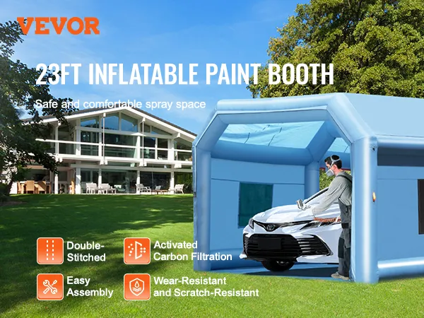 VEVOR opblaasbare spuitcabine 23ft, blauw, eenvoudige montage, actieve koolfiltratie, dubbel gestikt.