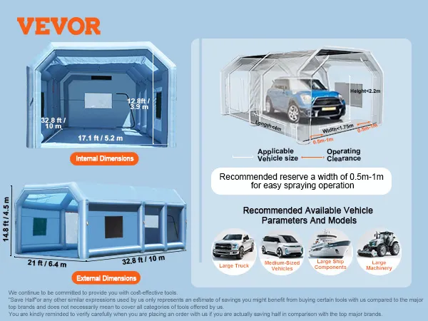 Cabina de pintura inflable VEVOR que muestra dimensiones internas y externas, adecuada para vehículos grandes.
