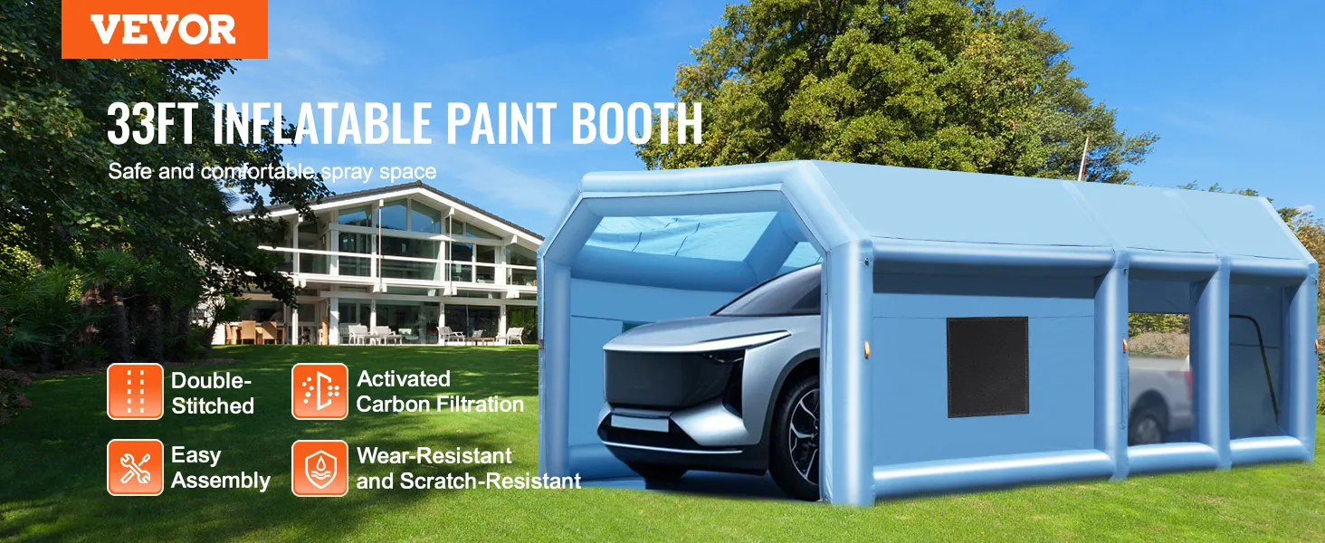 VEVOR inflatable paint booth, 33ft, blue with double-stitched seams, activated carbon filtration, easy assembly, wear-resistant.