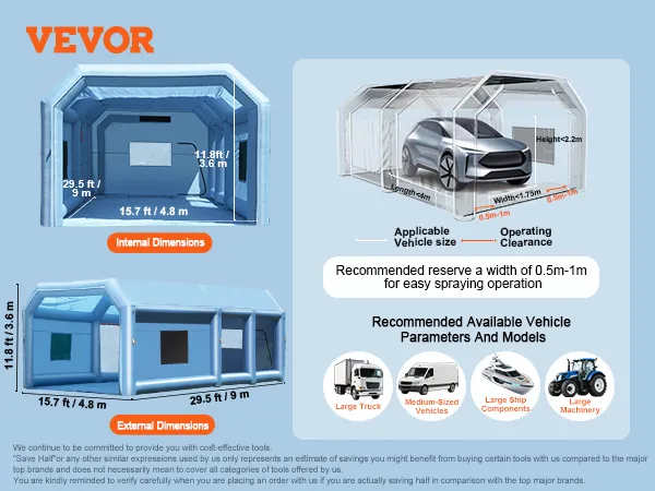 VEVOR inflatable paint booth for large trucks, medium-sized vehicles, and large machinery.