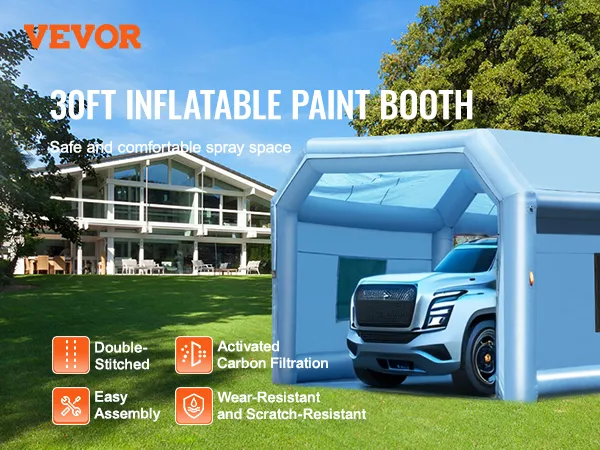 VEVOR inflatable paint booth, 30ft, durable, easy assembly, carbon filtration, large outdoor spray space.