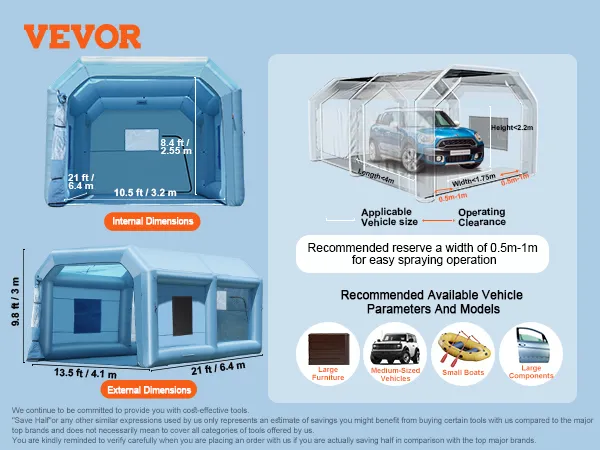 VEVOR inflatable paint booth showcasing vehicle size options and dimensions, suitable for various uses.