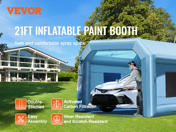 VEVOR inflatable paint booth 21ft with car and house in background, double-stitched and easy assembly.