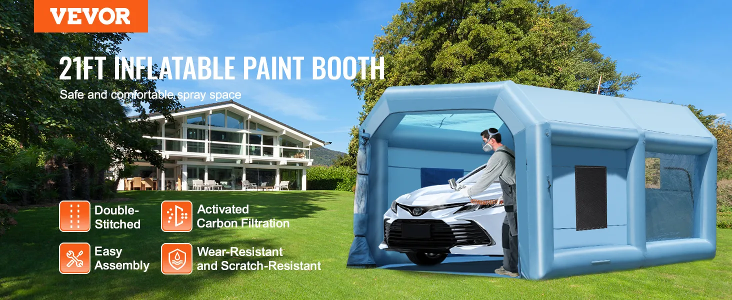 VEVOR inflatable paint booth 21ft with car and house in background, double-stitched and easy assembly.