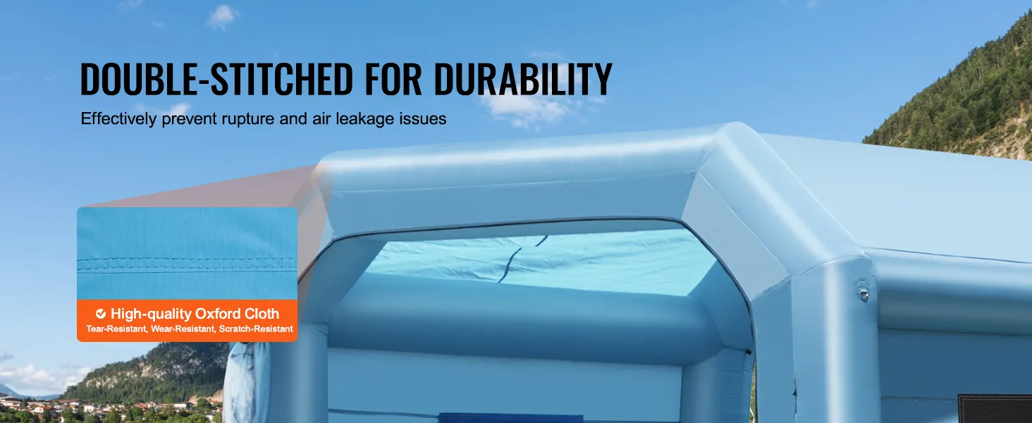 blue VEVOR inflatable paint booth with double-stitched high-quality oxford cloth for durability.
