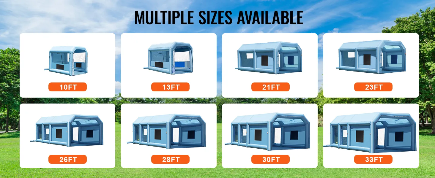VEVOR inflatable paint booth, available in multiple sizes: 10ft, 13ft, 21ft, 23ft, 26ft, 28ft, 30ft, 33ft.