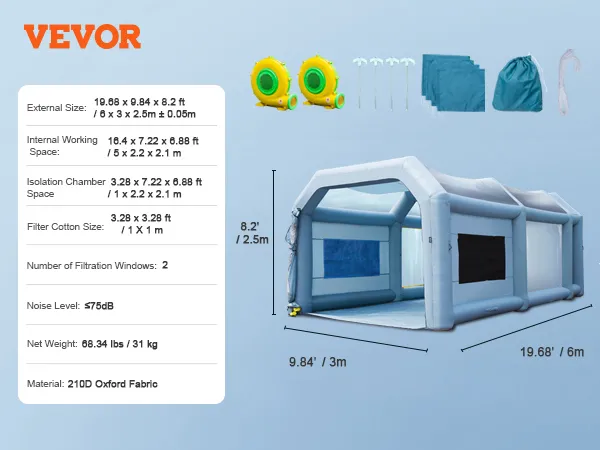 VEVOR inflatable paint booth with dimensions, accessories, and specifications on a blue background.