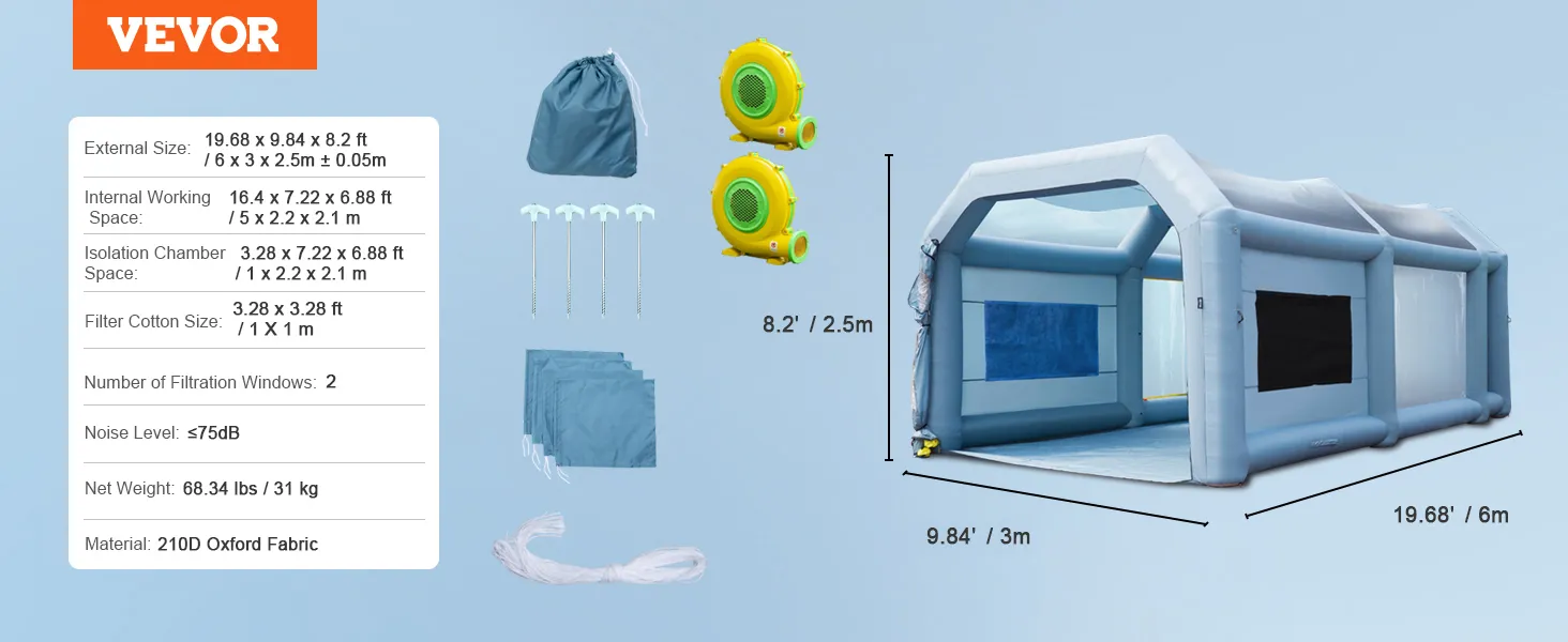 VEVOR inflatable paint booth with dimensions, accessories, and specifications on a blue background.