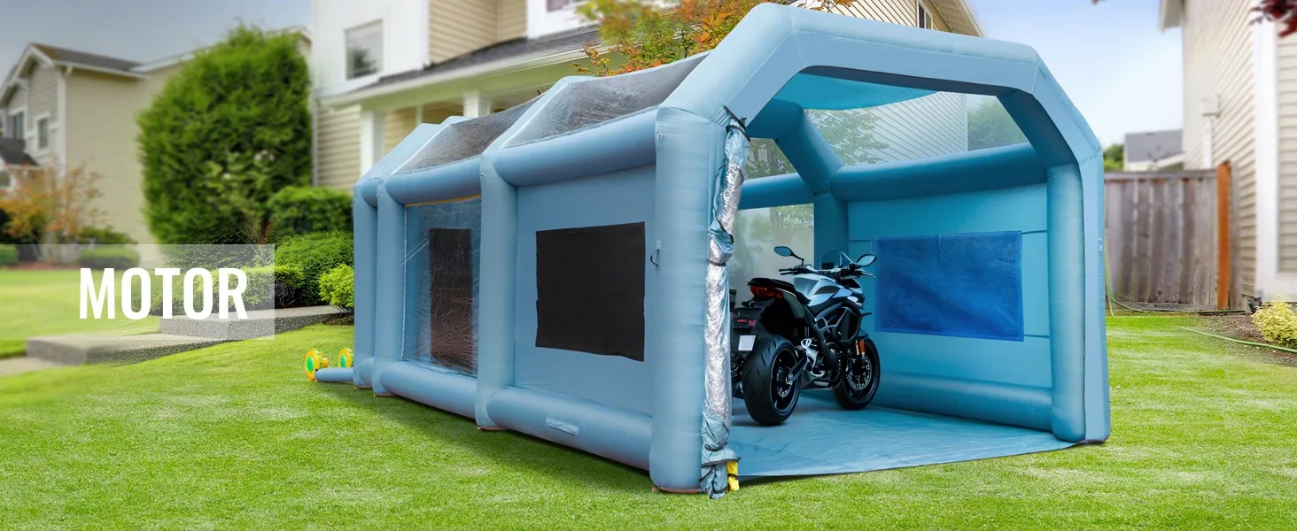 VEVOR inflatable paint booth set up outdoors with a motorcycle inside and houses in the background.