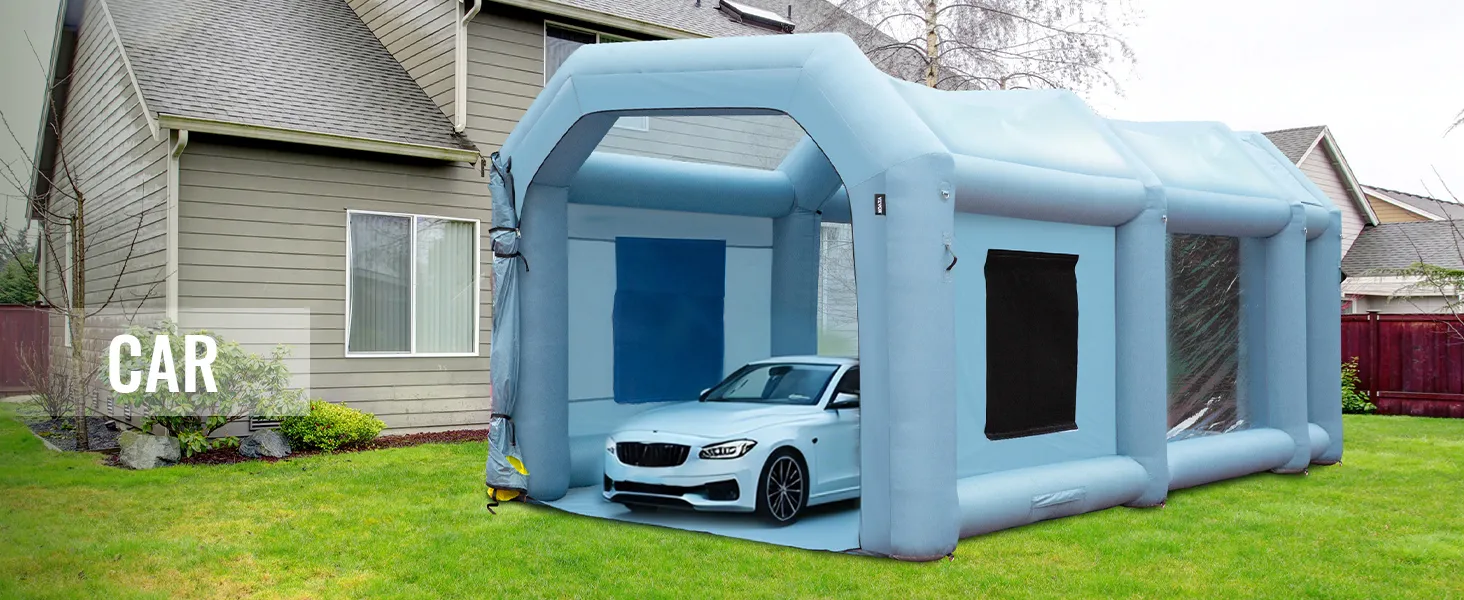 VEVOR inflatable paint booth set up in a backyard, enclosing a car inside.