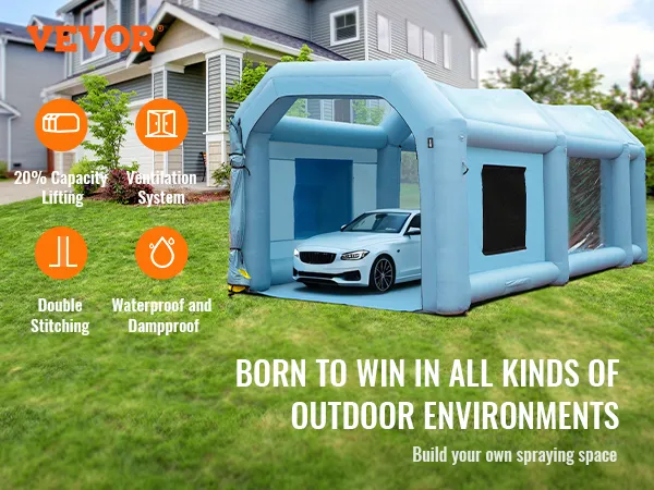 VEVOR inflatable paint booth for outdoor car spraying, featuring ventilation, double stitching, and waterproofing.