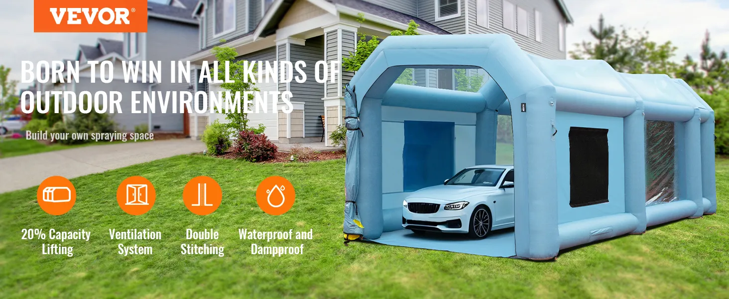 VEVOR inflatable paint booth for outdoor car spraying, featuring ventilation, double stitching, and waterproofing.