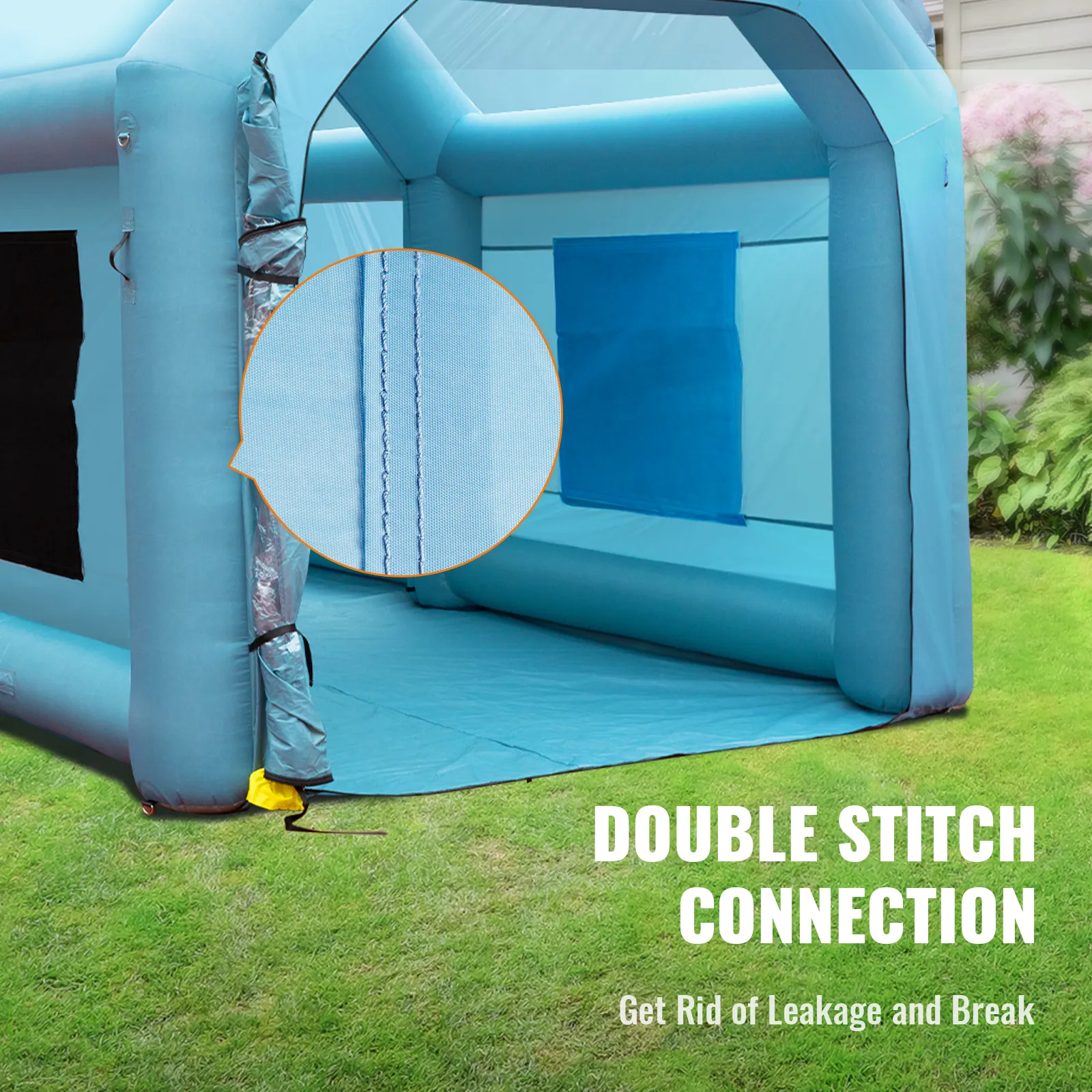 blue VEVOR inflatable paint booth with double stitch connection detail, setup on grass.
