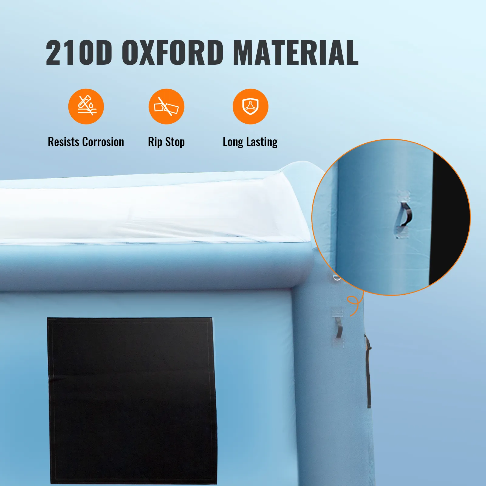 VEVOR inflatable paint booth made of durable 210d oxford material with corrosion resistance and rip stop.