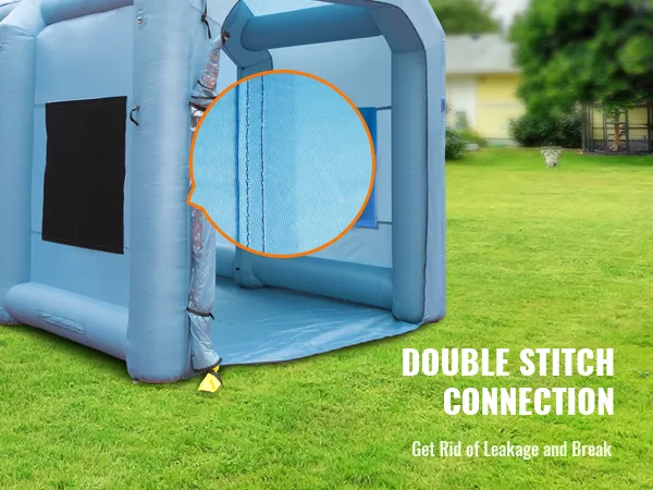 Cabina de pintura inflable VEVOR que muestra conexión de doble puntada para una mayor durabilidad en exteriores.