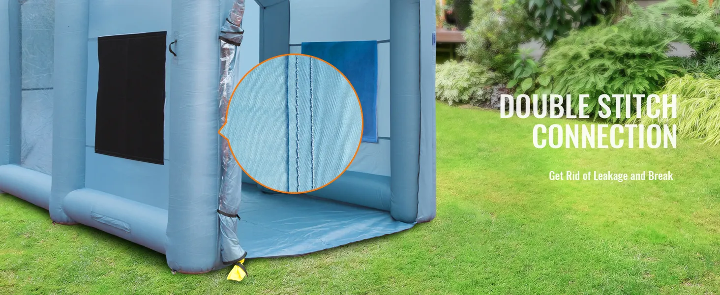 Cabina de pintura inflable VEVOR que muestra conexión de doble puntada para una mayor durabilidad en exteriores.
