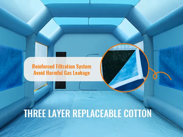 Filtros de algodón reemplazables de tres capas en cabina de pintura inflable VEVOR con sistema reforzado para evitar fugas de gases.