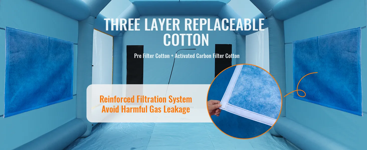 Filtros de algodón reemplazables de tres capas en cabina de pintura inflable VEVOR con sistema reforzado para evitar fugas de gases.