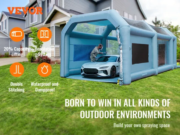 Cabina de pintura inflable VEVOR en un patio suburbano, que muestra un automóvil siendo pintado, las características incluyen un sistema de ventilación.
