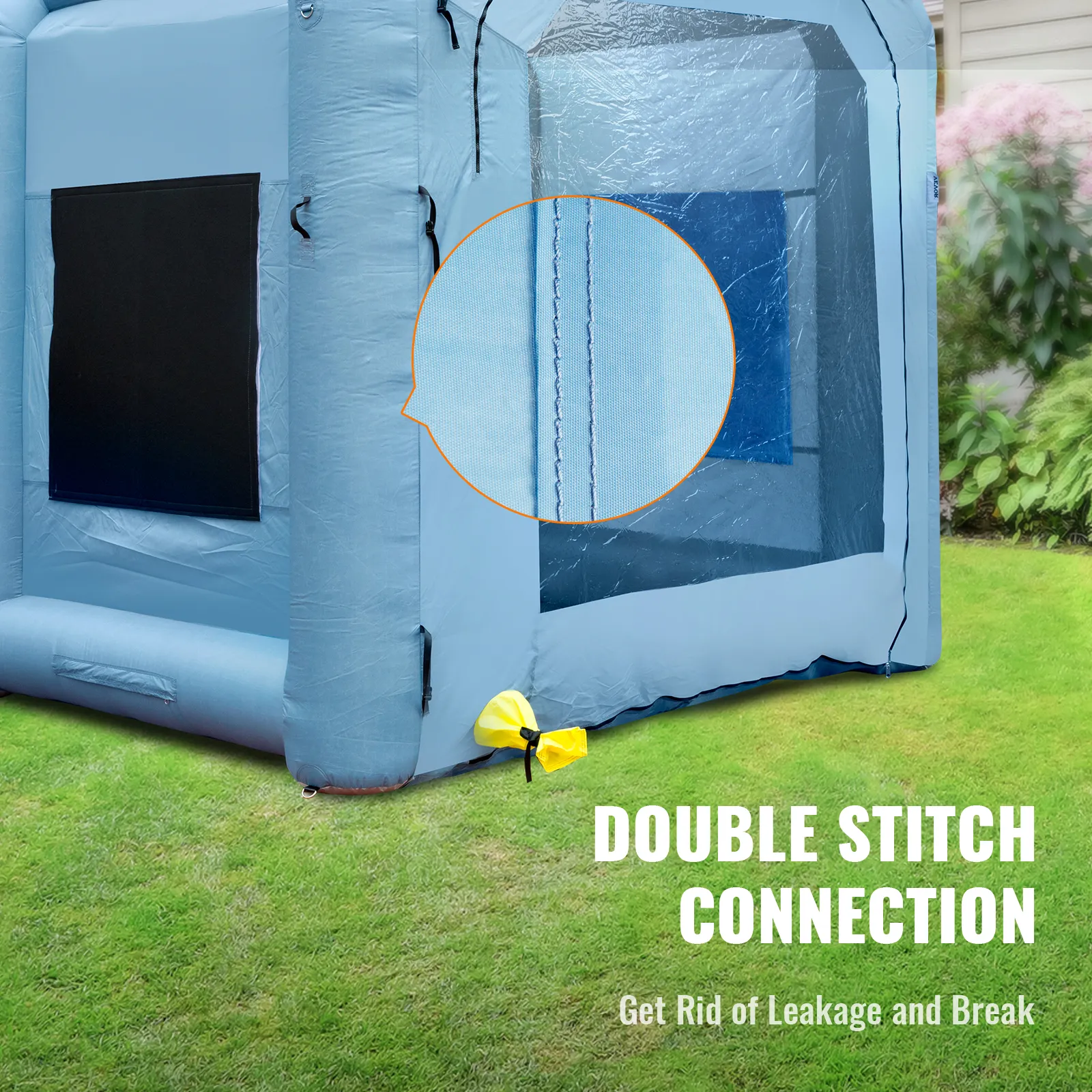 Cabina de pintura inflable VEVOR con conexión de doble puntada para mayor durabilidad en césped.