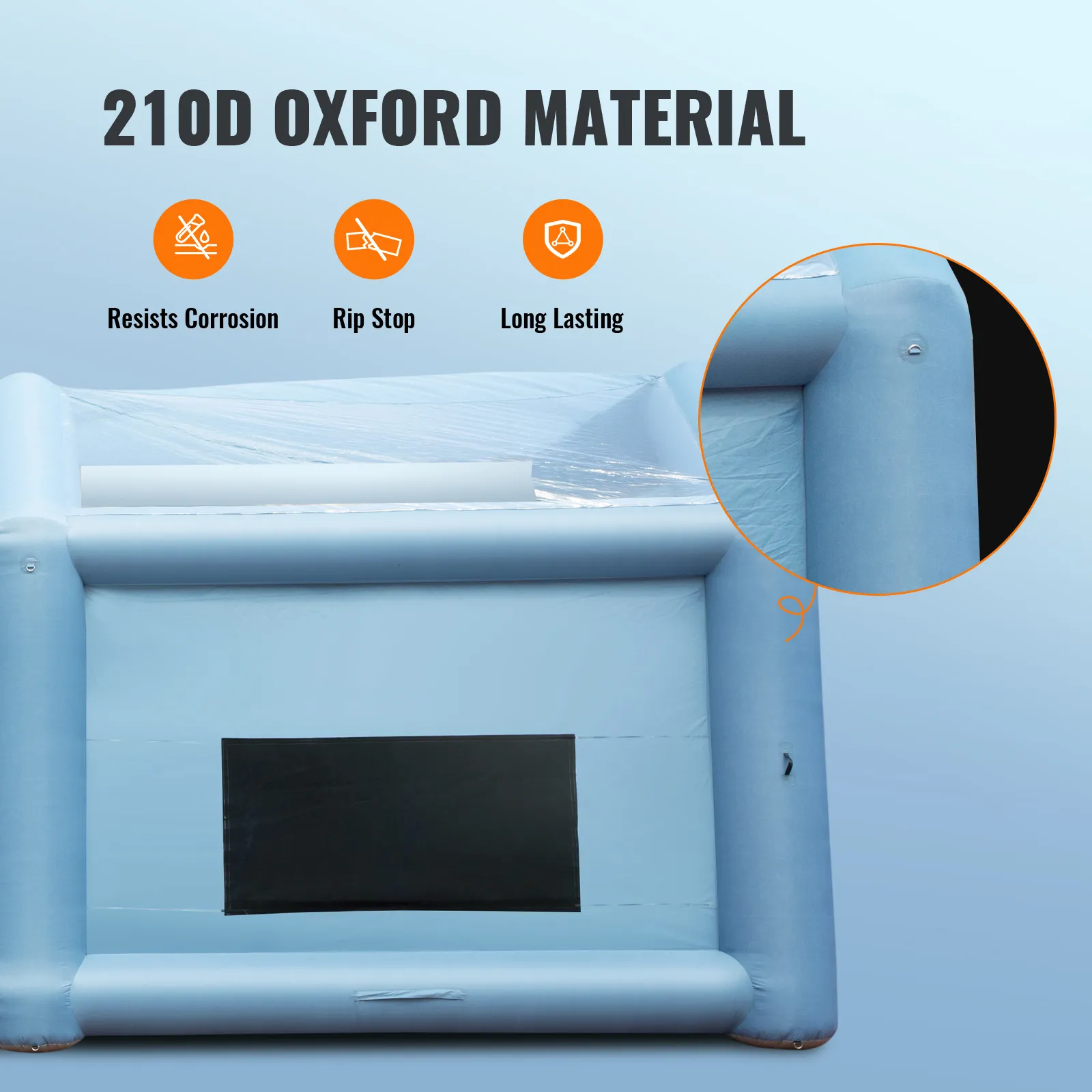 Cabina de pintura inflable VEVOR hecha de material Oxford 210d duradero que resiste la corrosión y el desgarro.