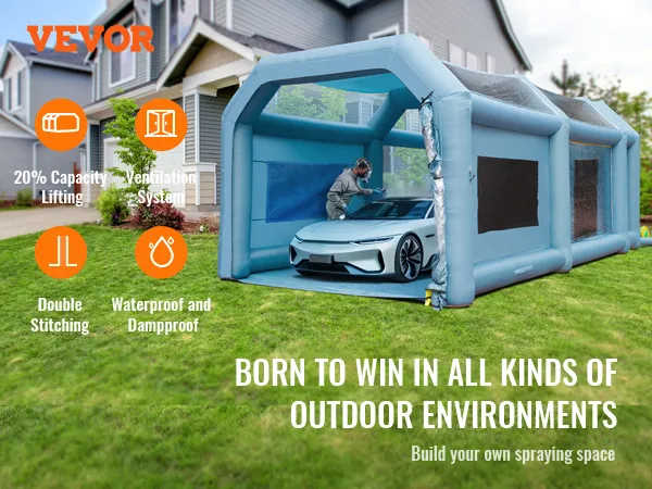 Cabina de pintura inflable VEVOR para uso en exteriores, con capacidad de elevación, ventilación y características impermeables.