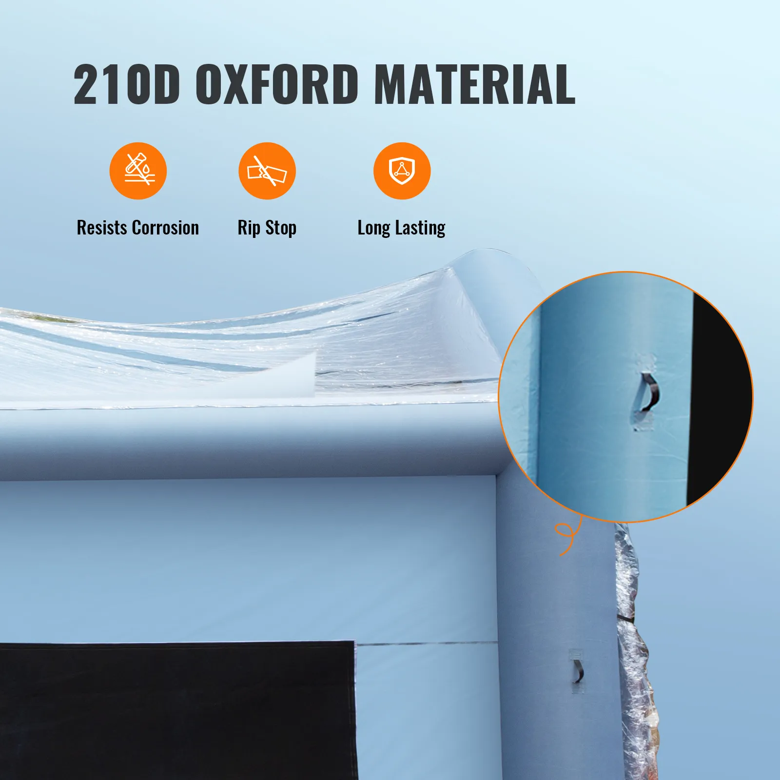 VEVOR opblaasbare spuitcabine gemaakt van duurzaam 210d Oxford-materiaal, corrosiebestendig, scheurvast en duurzaam.
