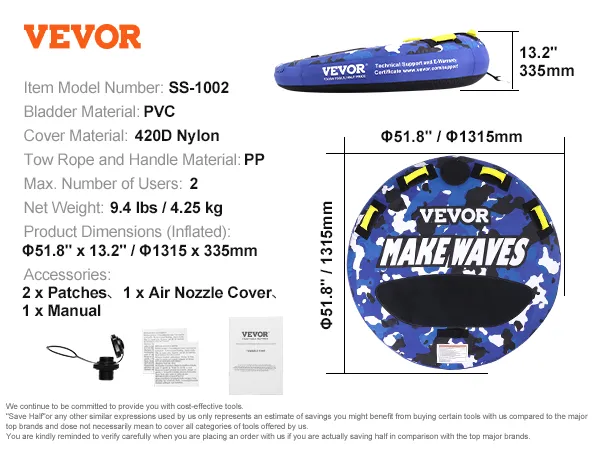 Specificaties van de VEVOR sleepbare buis met afmetingen, materialen en accessoires. Blauw camouflageontwerp.