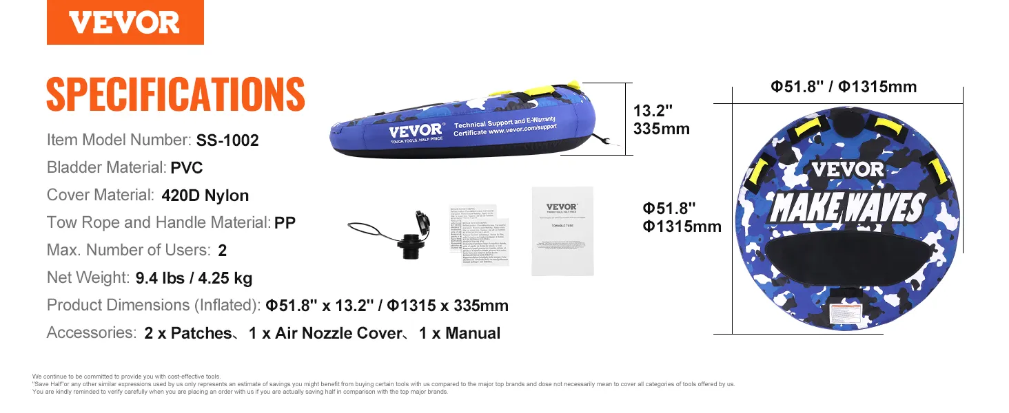 Specificaties van de VEVOR sleepbare buis met afmetingen, materialen en accessoires. Blauw camouflageontwerp.