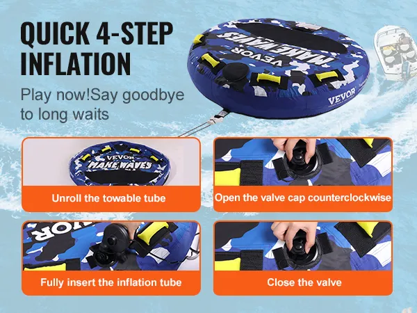 VEVOR sleepband met snelle 4-staps opblaasgids afgebeeld op een achtergrond in water.