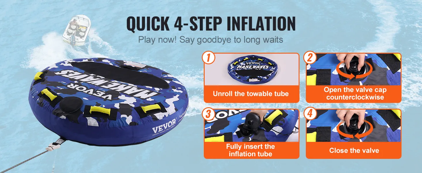 VEVOR sleepband met snelle 4-staps opblaasgids afgebeeld op een achtergrond in water.