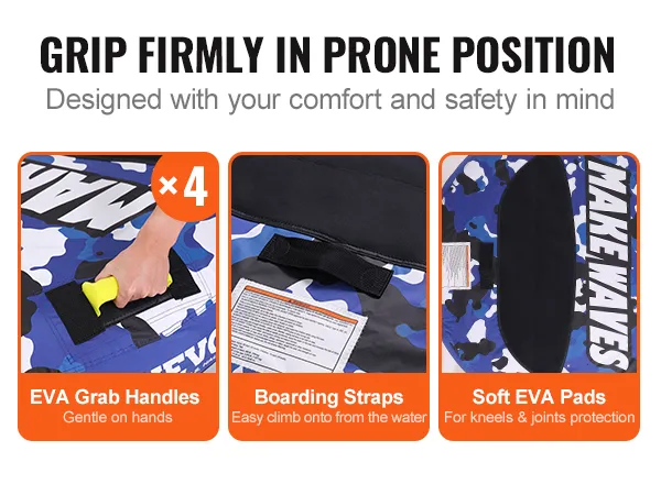 VEVOR sleeptube met EVA-handgrepen, instapriemen en zachte EVA-pads voor comfort en veiligheid.