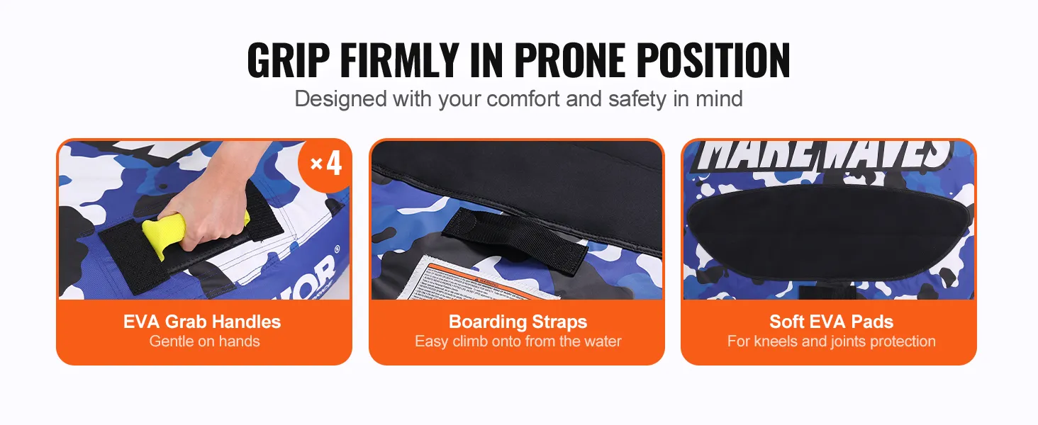 VEVOR sleeptube met EVA-handgrepen, instapriemen en zachte EVA-pads voor comfort en veiligheid.