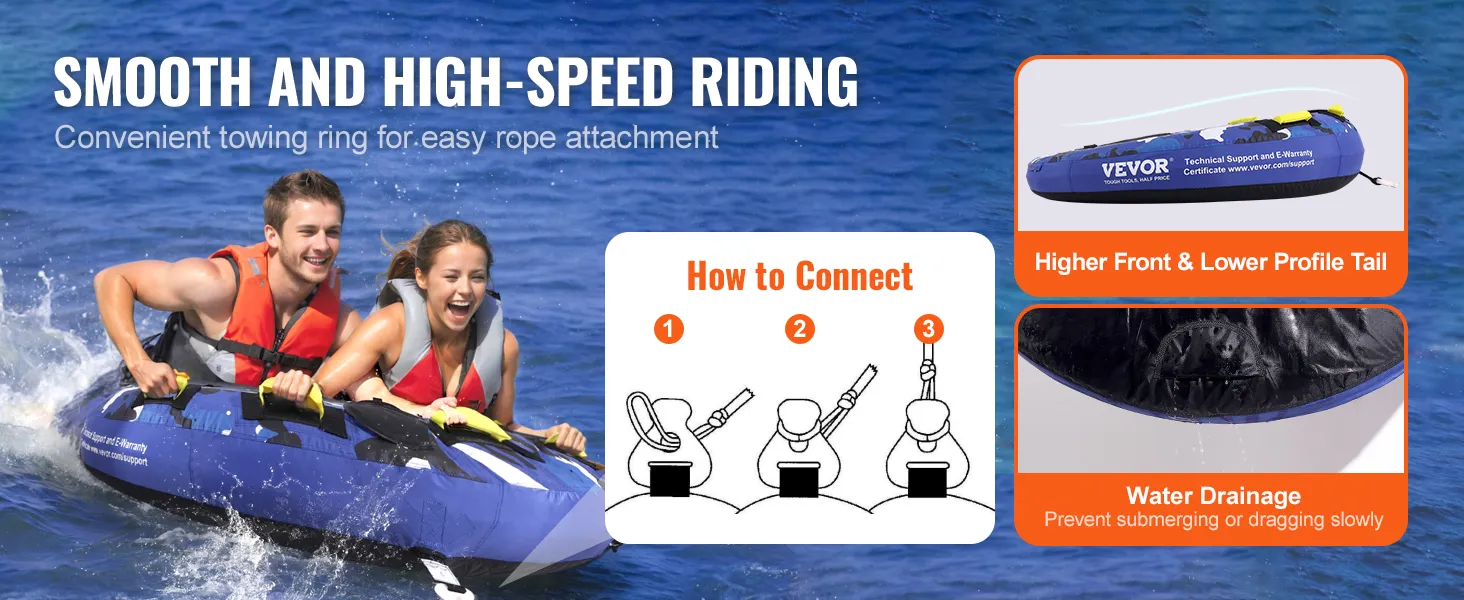 soepel en snel rijden met de VEVOR sleepbare tube met eenvoudig trekvermogen, hogere voorkant en waterafvoer.