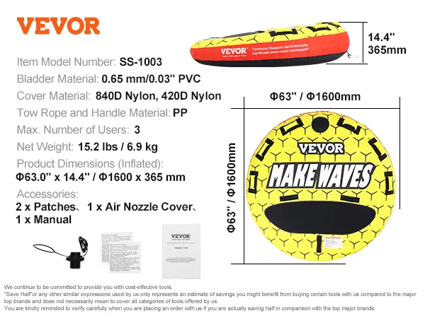 VEVOR Towable Tube For Boating 1-3 Riders Inflatable Boat Tubes And Towables 510 Lbs. 63 In. Round Water Sport Towable Tubes CQTLPDYX3R000A9FSV0 - The Home Depot