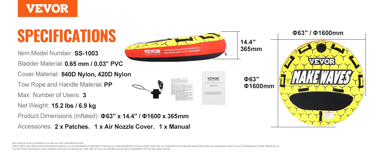 VEVOR towable tube specifications with dimensions and materials, showing yellow tube with "make waves".