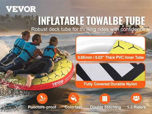 VEVOR towable tube for 1-3 riders on the water, highlighted features include puncture-proof and durable nylon.