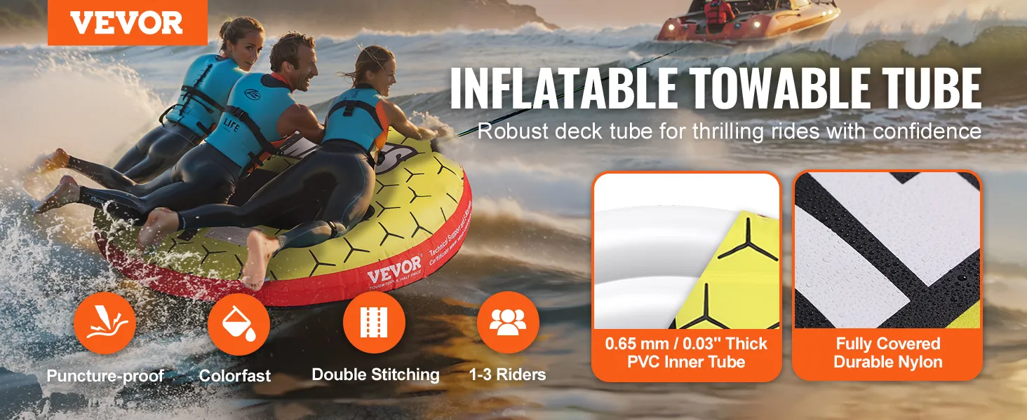 VEVOR towable tube for 1-3 riders on the water, highlighted features include puncture-proof and durable nylon.