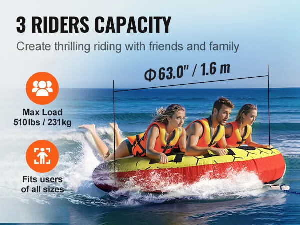 3 riders enjoying the VEVOR towable tube, suitable for all sizes, max load 510lbs on open water.