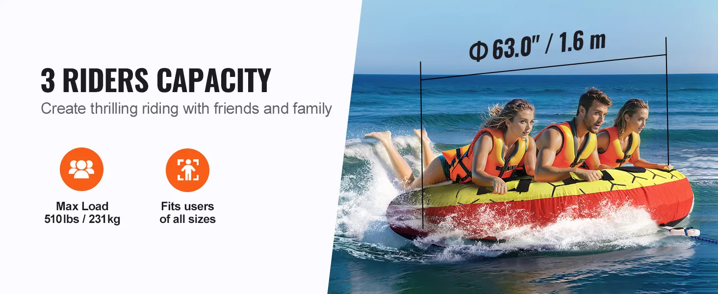 3 riders enjoying the VEVOR towable tube, suitable for all sizes, max load 510lbs on open water.