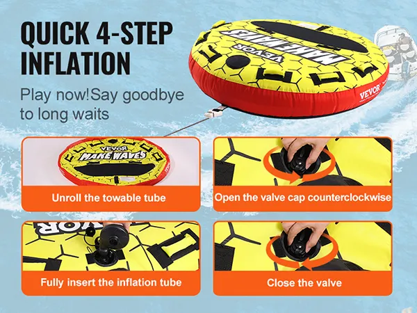 VEVOR towable tube with quick 4-step inflation guide against a boating background.