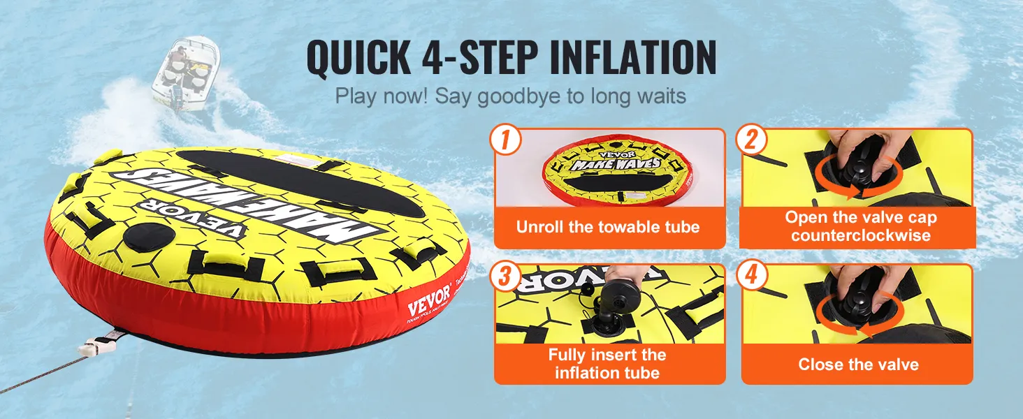 VEVOR towable tube with quick 4-step inflation guide against a boating background.