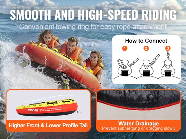 VEVOR towable tube in action with three riders, easy rope attachment, and water drainage features.